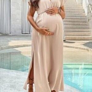 SHEIN Pregnant Women V-Neck Plain Short Sleeve Dress, Casual And Fashionable Fo…